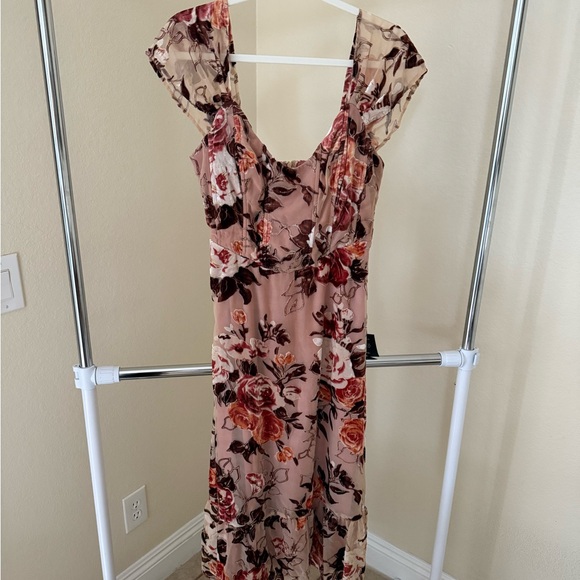 Lulus Composed Beauty Blush Pink Burnout Velvet Floral Midi Dres - Picture 1 of 5
